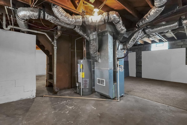 542 E Franklin St, Circleville, OH 43113 - below grade area featuring concrete block wall, heating unit, and gas water heater