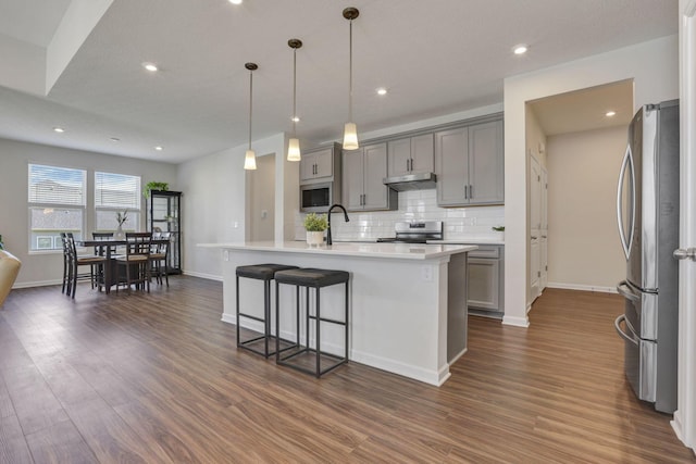 kitchen with gray cabinets, stainless steel appliances, tasteful backsplash, under cabinet range hood, and dark wood-style floors