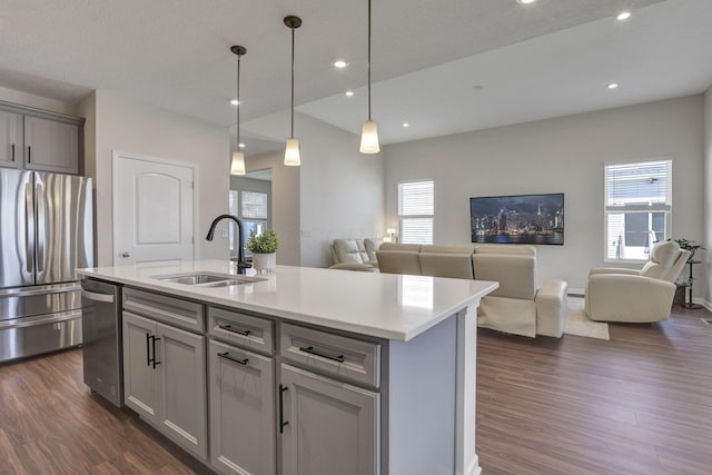 kitchen with a sink, appliances with stainless steel finishes, open floor plan, and gray cabinetry