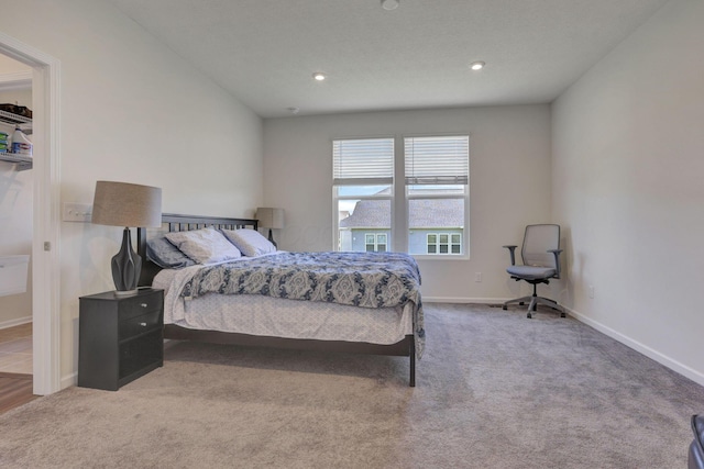 bedroom featuring carpet flooring, recessed lighting, and baseboards