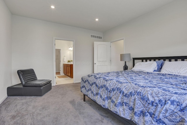 bedroom featuring visible vents, baseboards, connected bathroom, carpet flooring, and recessed lighting