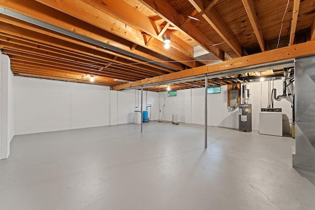 unfinished below grade area with washer / dryer, electric panel, and electric water heater