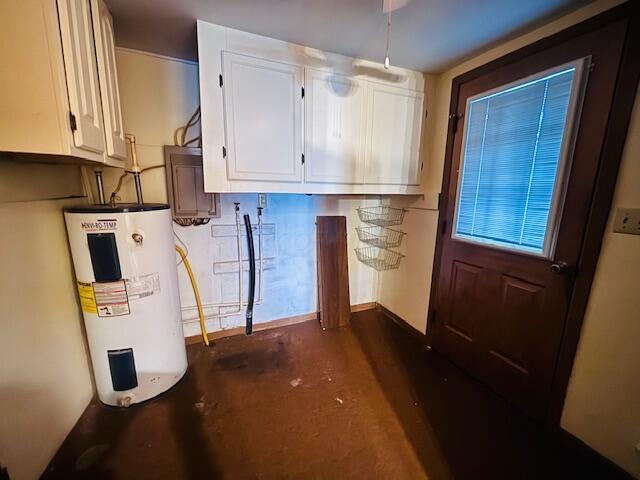 interior space featuring electric panel, unfinished concrete flooring, and electric water heater