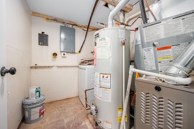 utilities with washer / dryer, heating unit, water heater, and electric panel