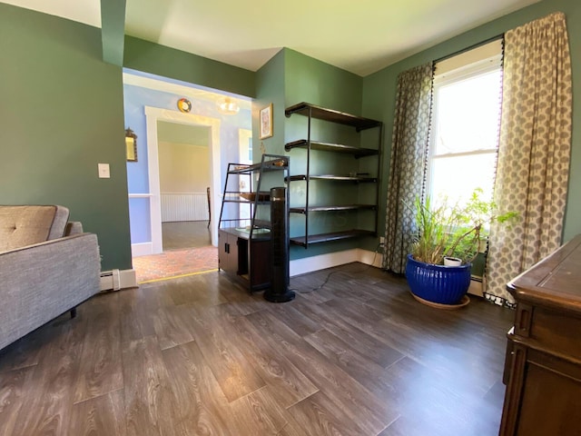interior space featuring dark wood-style flooring, baseboards, and a baseboard heating unit