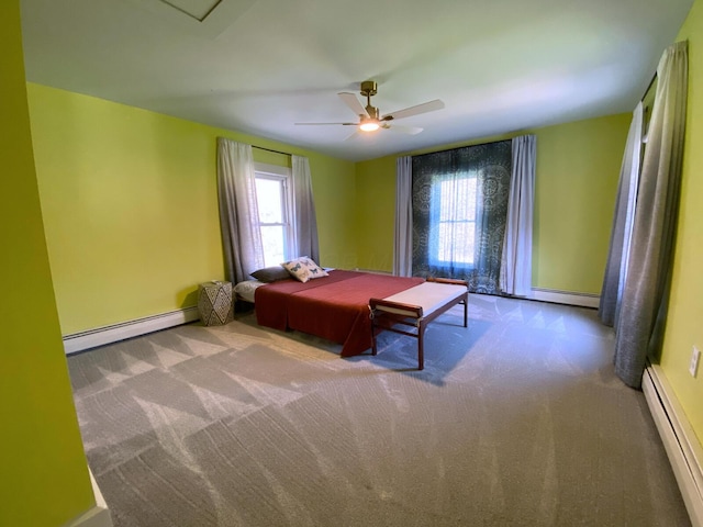 carpeted bedroom featuring baseboards, a baseboard radiator, and a ceiling fan