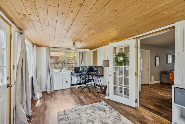 office with wooden ceiling and hardwood / wood-style flooring