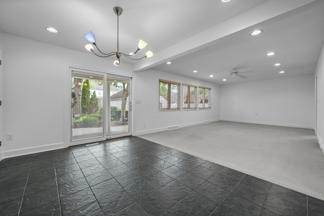 empty room with recessed lighting, baseboards, visible vents, and dark colored carpet