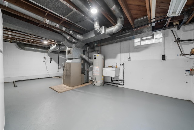 unfinished below grade area with heating unit, a sink, and water heater