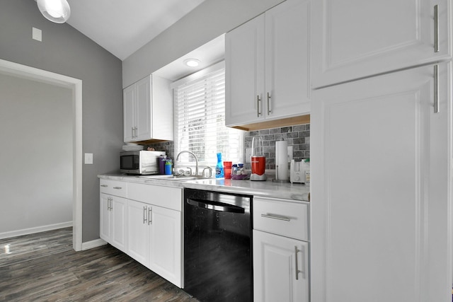 bar with a sink, dishwasher, stainless steel microwave, lofted ceiling, and tasteful backsplash