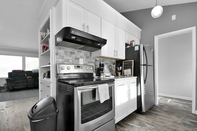 kitchen featuring appliances with stainless steel finishes, white cabinetry, decorative backsplash, dark wood-type flooring, and under cabinet range hood