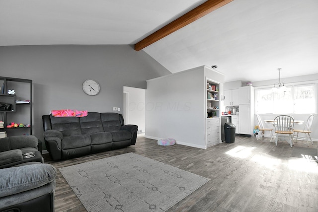living area with baseboards, dark wood finished floors, and lofted ceiling with beams