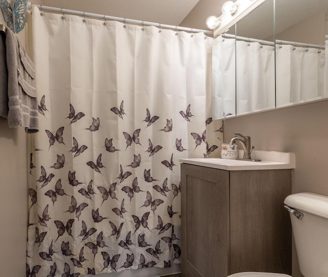 bathroom featuring vanity, toilet, and a shower with curtain