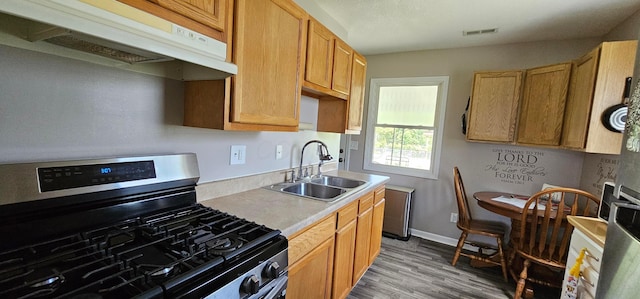 956 Harrison Ave, Lancaster, OH 43130 - kitchen with stainless steel range with gas cooktop, custom exhaust hood, light countertops, and wood finished floors