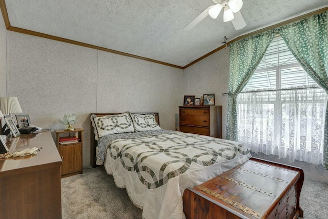 bedroom with vaulted ceiling, ornamental molding, and multiple windows