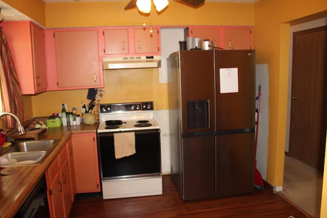 kitchen featuring ceiling fan, a sink, stainless steel fridge with ice dispenser, electric stove, and under cabinet range hood