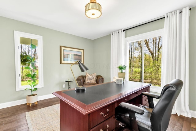 office area featuring baseboards, plenty of natural light, and dark wood-style floors