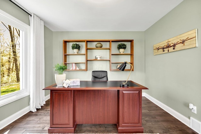 home office with baseboards, dark wood-style flooring, and visible vents
