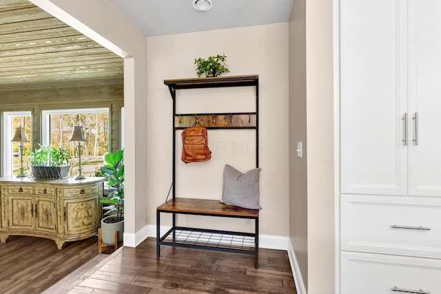 interior space with baseboards and dark wood-style flooring