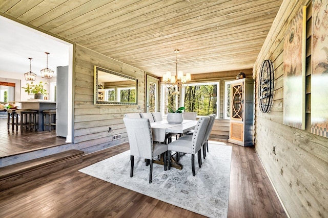 dining room featuring visible vents, wood walls, wood finished floors, wooden ceiling, and a notable chandelier