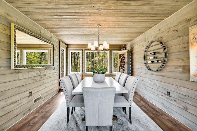 dining space with visible vents, wood walls, wood ceiling, and a chandelier