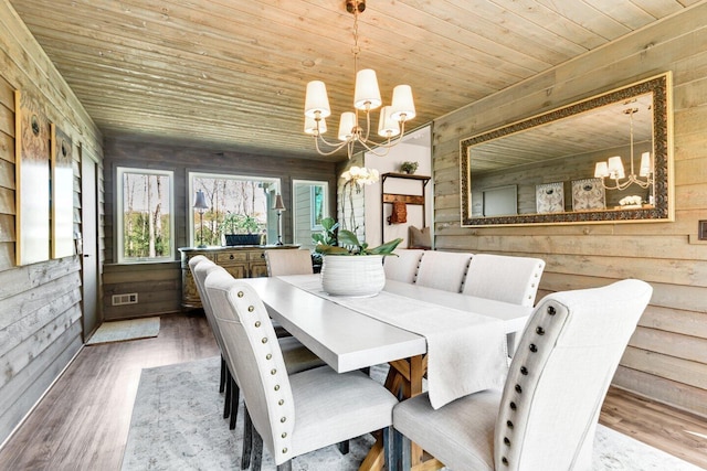 dining space with wood walls, wood ceiling, and a chandelier
