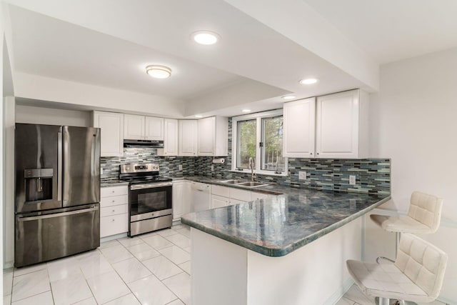 kitchen featuring a peninsula, white cabinetry, under cabinet range hood, a sink, and appliances with stainless steel finishes