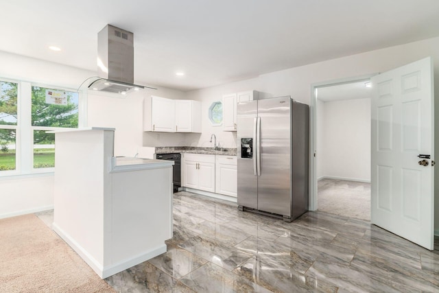 kitchen with island range hood, white cabinets, stainless steel fridge with ice dispenser, a sink, and dishwasher