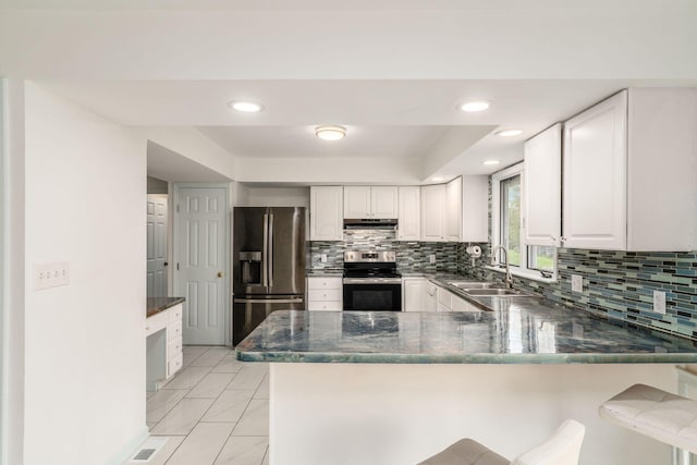 kitchen with a sink, decorative backsplash, stainless steel appliances, and under cabinet range hood