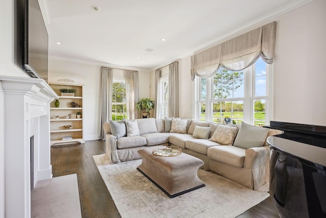 living area featuring a healthy amount of sunlight, crown molding, dark wood finished floors, and a fireplace with flush hearth