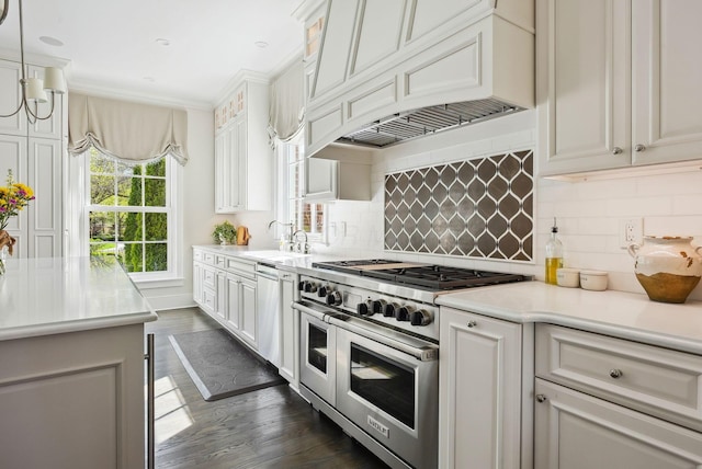 kitchen featuring custom range hood, a sink, light countertops, and stainless steel appliances