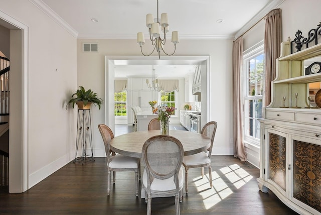 dining room featuring baseboards, an inviting chandelier, dark wood-style floors, and visible vents