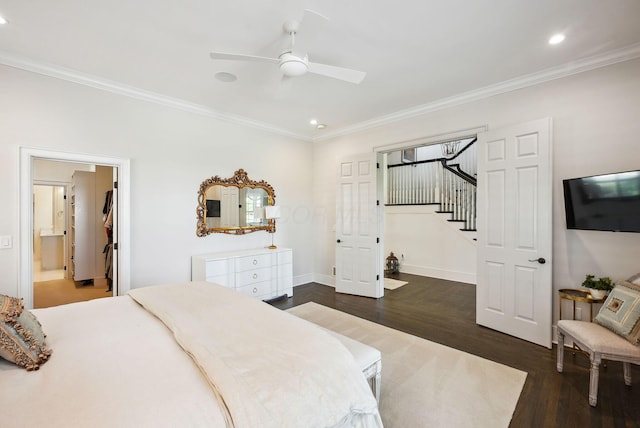 bedroom featuring ensuite bath, recessed lighting, baseboards, wood finished floors, and ornamental molding