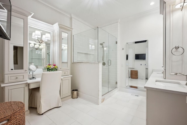 full bathroom with vanity, ornamental molding, and a shower stall