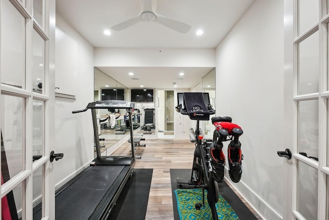 workout area with french doors, recessed lighting, ceiling fan, and wood finished floors