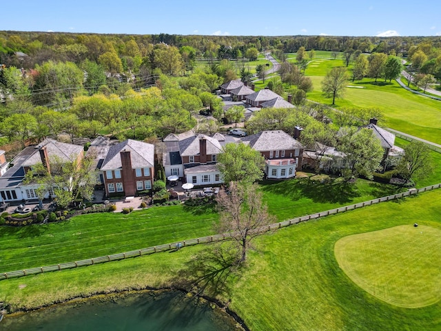 aerial view featuring a residential view, view of golf course, and a water view