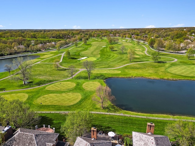 birds eye view of property featuring a water view and golf course view