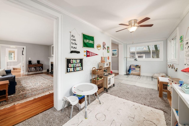 1938 W 5th Ave, Columbus, OH 43212 - game room featuring healthy amount of natural light, carpet flooring, ceiling fan, ornamental molding, and baseboards