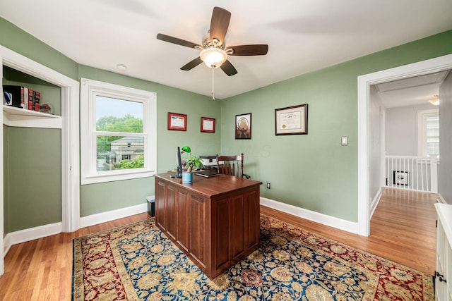 1938 W 5th Ave, Columbus, OH 43212 - office area featuring ceiling fan, light wood-style floors, attic access, and baseboards