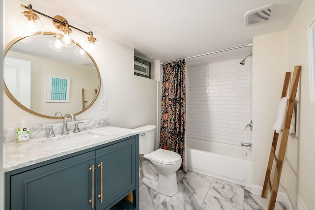 1938 W 5th Ave, Columbus, OH 43212 - full bath with vanity, toilet, marble look tiles, and shower / bathtub combination with curtain