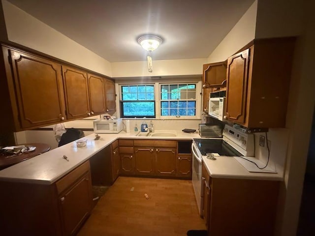 kitchen with a sink, light countertops, light wood-style floors, and white appliances