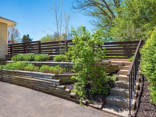 view of home's community featuring fence