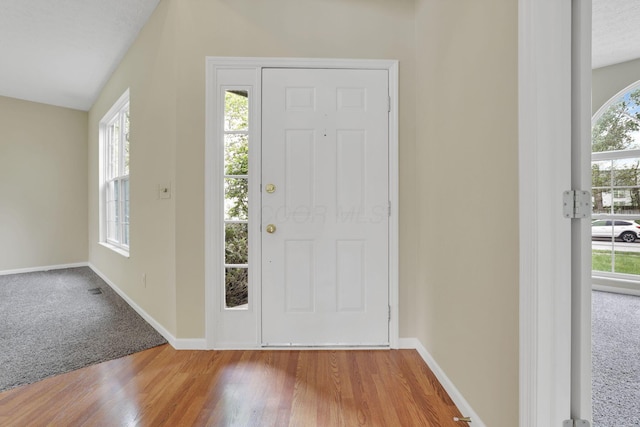 carpeted entryway featuring baseboards and wood finished floors