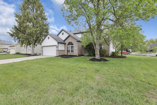 traditional home featuring concrete driveway, an attached garage, a front lawn, and brick siding