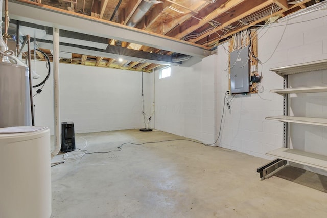 basement with electric panel and concrete block wall