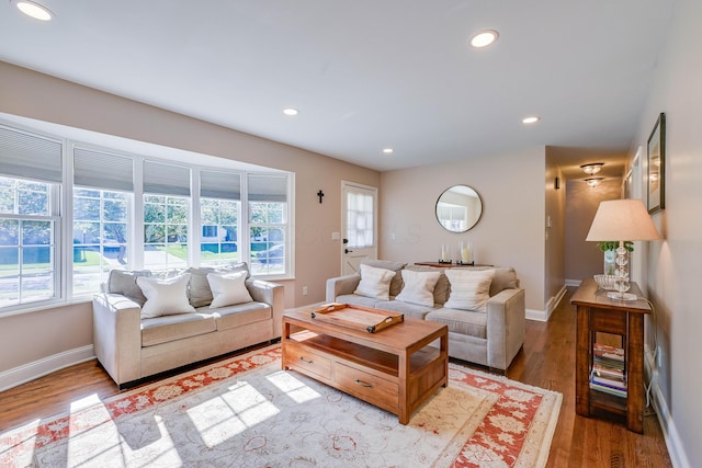 living area with recessed lighting, baseboards, and wood finished floors