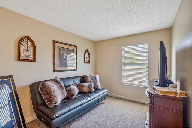 living area with baseboards, carpet, and a textured ceiling