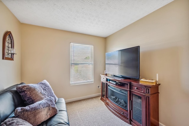 carpeted living room with baseboards and a textured ceiling