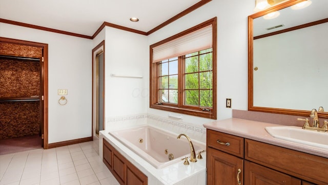 bathroom featuring visible vents, ornamental molding, vanity, a tub with jets, and tile patterned floors