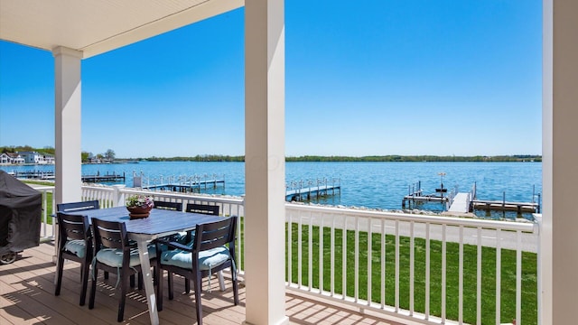 3555 Sellers Dr NE, Millersport, OH 43046 - deck featuring a water view, a dock, outdoor dining area, and a grill